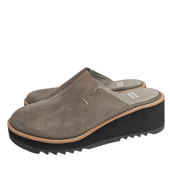 Eileen Fisher Shoes - Eileen Fisher Loti Taupe Leather Platform Clog Mules Slip On Womens 6.5